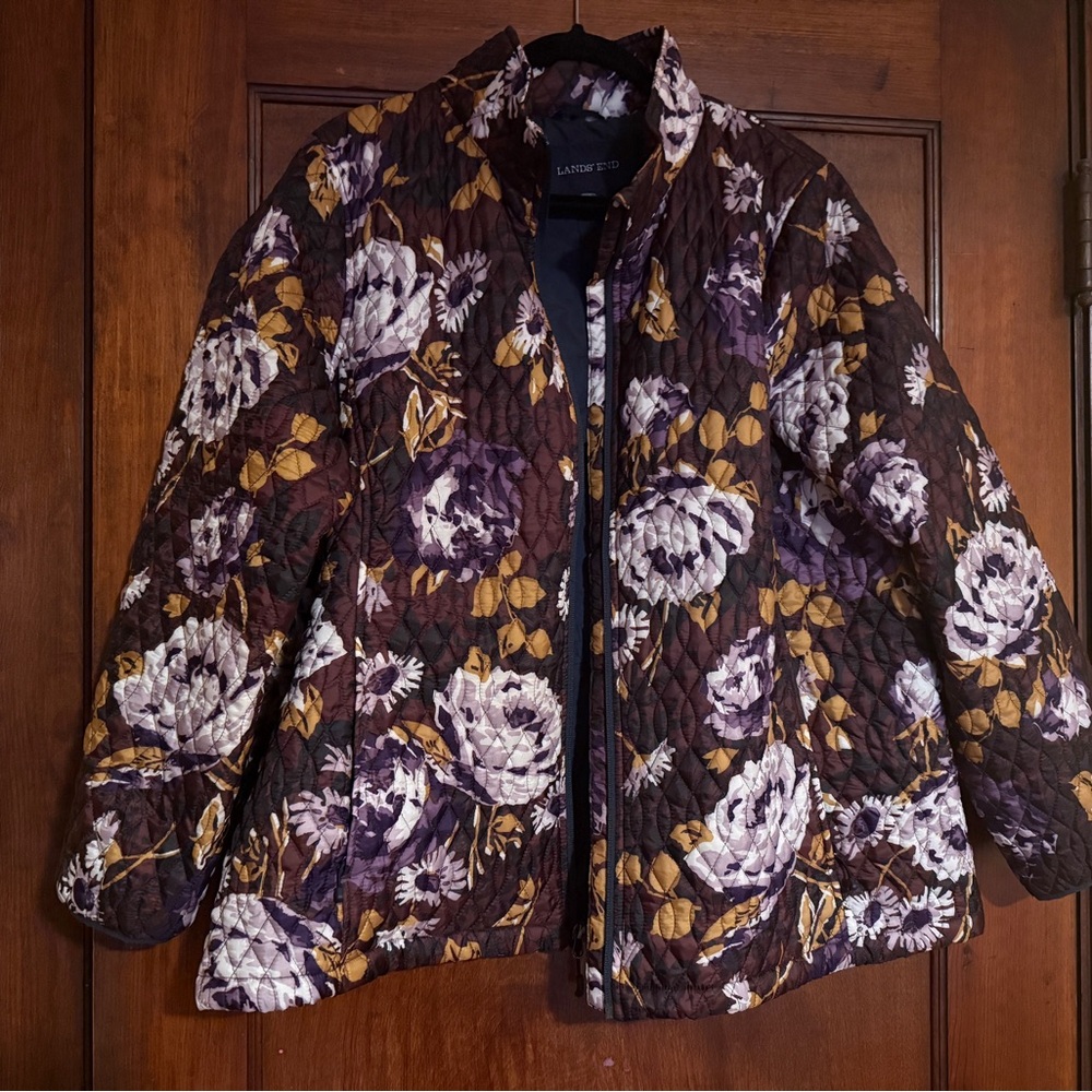 Lands' End Women's Floral Quilted Jacket - Purple and Brown